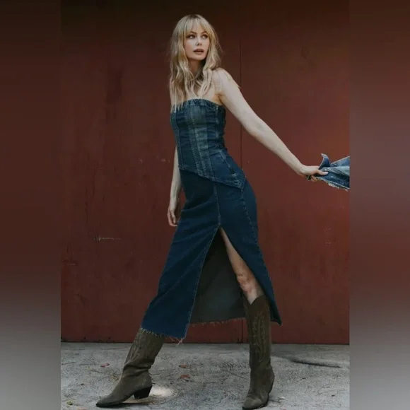 Zara TRF STRAPLESS DENIM MIDI DRESS. Navy Blue. Size XS. New with Tags. - Picture 5 of 10